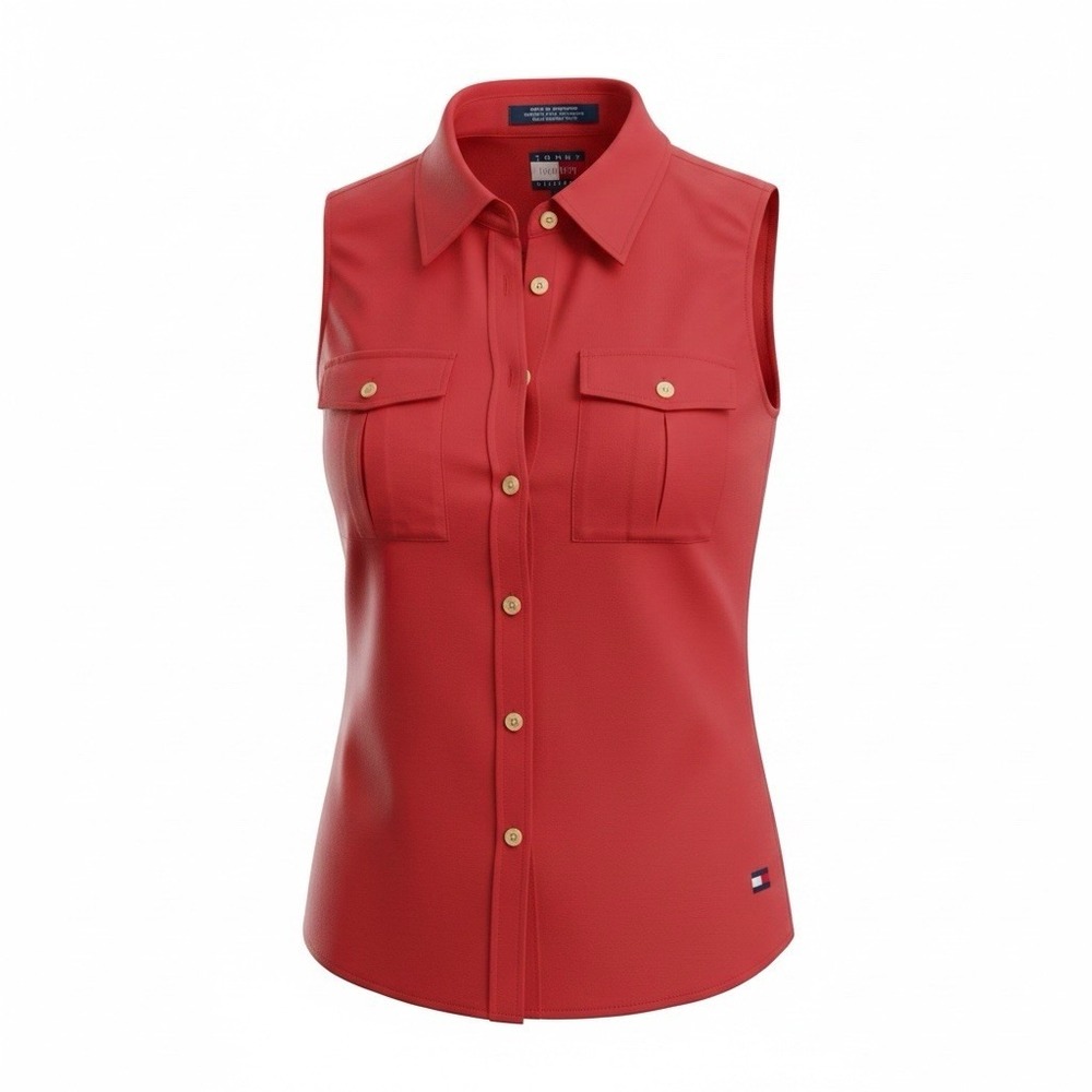 Tommy Hilfiger Womens Red Sleeveless Button Down Blouse Shirt Size 8 Cotton